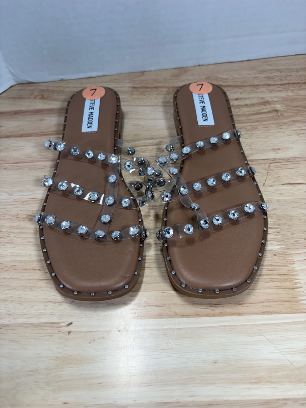 Steve Madden Brown Slide Sandals with Clear Crystal-Strapped Upper
